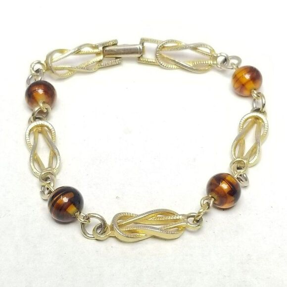 Vintage Avon Gold Tone and Brown Bead Chain Link Panel Bracelet, Retro Estate - Picture 1 of 6